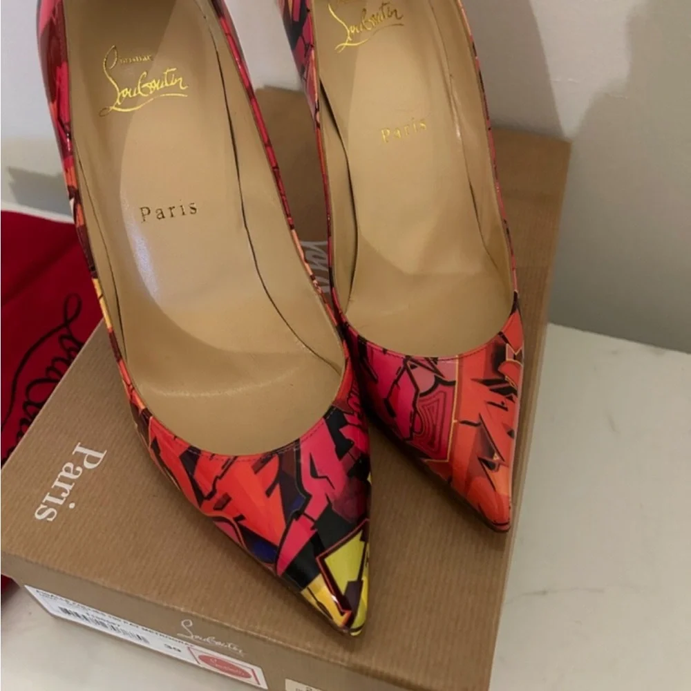 Christian Louboutin Pigalle Follies 100 Pat Metrograf Multicolor Graphic Heels - Picture 9 of 11
